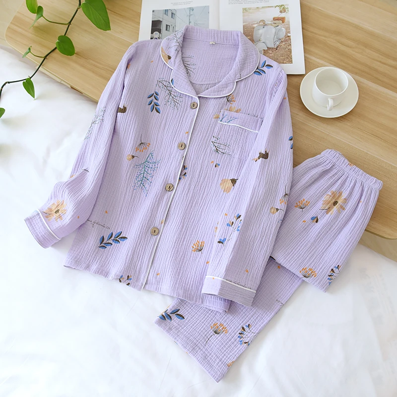 Women Autumn Leisure Loose Comfortable Soft Purple Print Pajamas Loungewear 100% Gauze Crepe Cotton Breathable Pajama Sleepwear