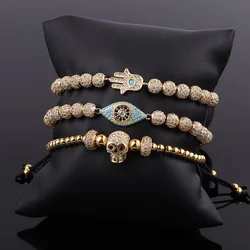New Design Luxury Men Jewelry Gold Plated CZ Pave Skull&Hand&Eye Charm Beaded Adjustable Bracelet Set Male