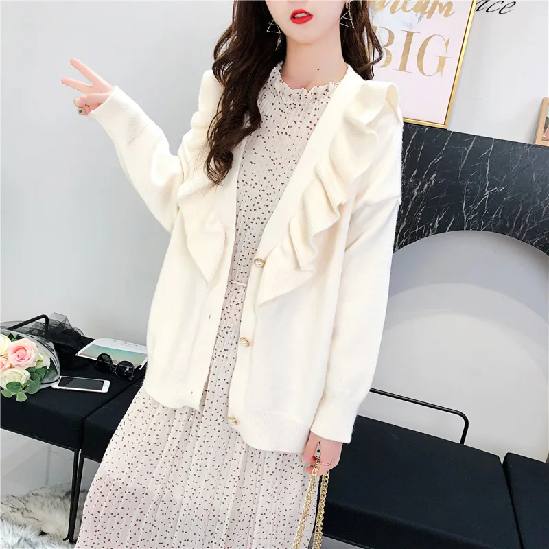 H9604 Women Sweater Coat Female Korean Loose V-collar Fashion Wooden Ear Knitting Cardigan Girl Student College Style Sweet Top