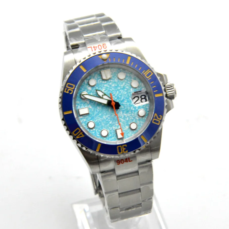 Blue Pattern Dial Luminous Date 40MM Men's Watch Automatic Mechanical Steel Band Sapphire Glass Transparent Back Cover