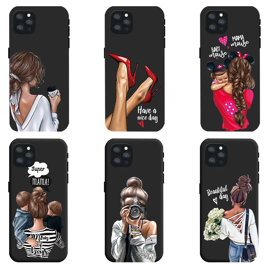 Black Fashion Girl Super Mom Baby Phone Case for iPhone 11 12 Pro Max mini 7 8 6 6S Plus X Xr Xs Max Shockproof Soft Cases Cover