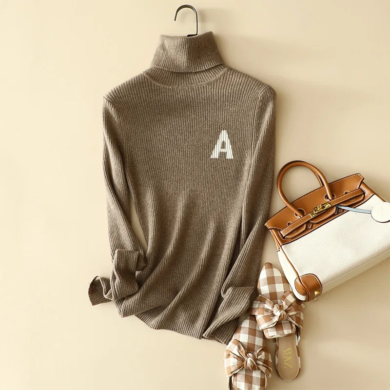 Masigoch winter new ribbed knit 100% cashmere letter embroidery knitwear sweater turtleneck