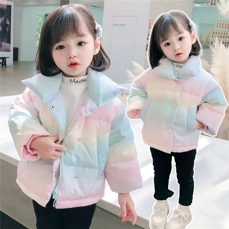 

Fashion Short Girls Down Jacket Kids Winter Autumn Warm Rainbow Teenage Coat New Kids Clothes Tops Thicken High Quality 2021