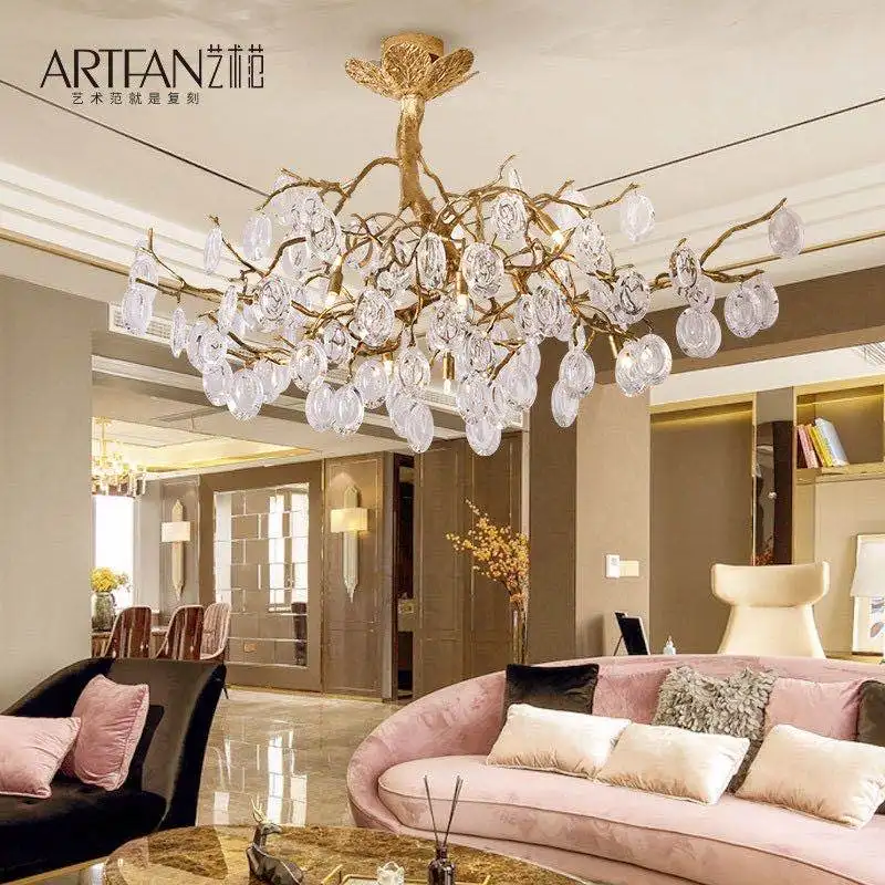 All Copper Crystal Ceiling Lamp Post Morden Branch Light Luxury Living Room Original Dining Room Bed Room Lamp