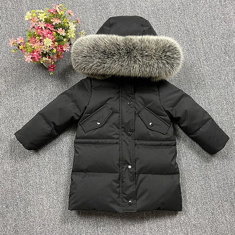 

2023 Winter New Baby Kids Children's Long Down Jacket -30 degrees Boys and Girls Thick Ski Clothes Real Fur Collar 2-10Y