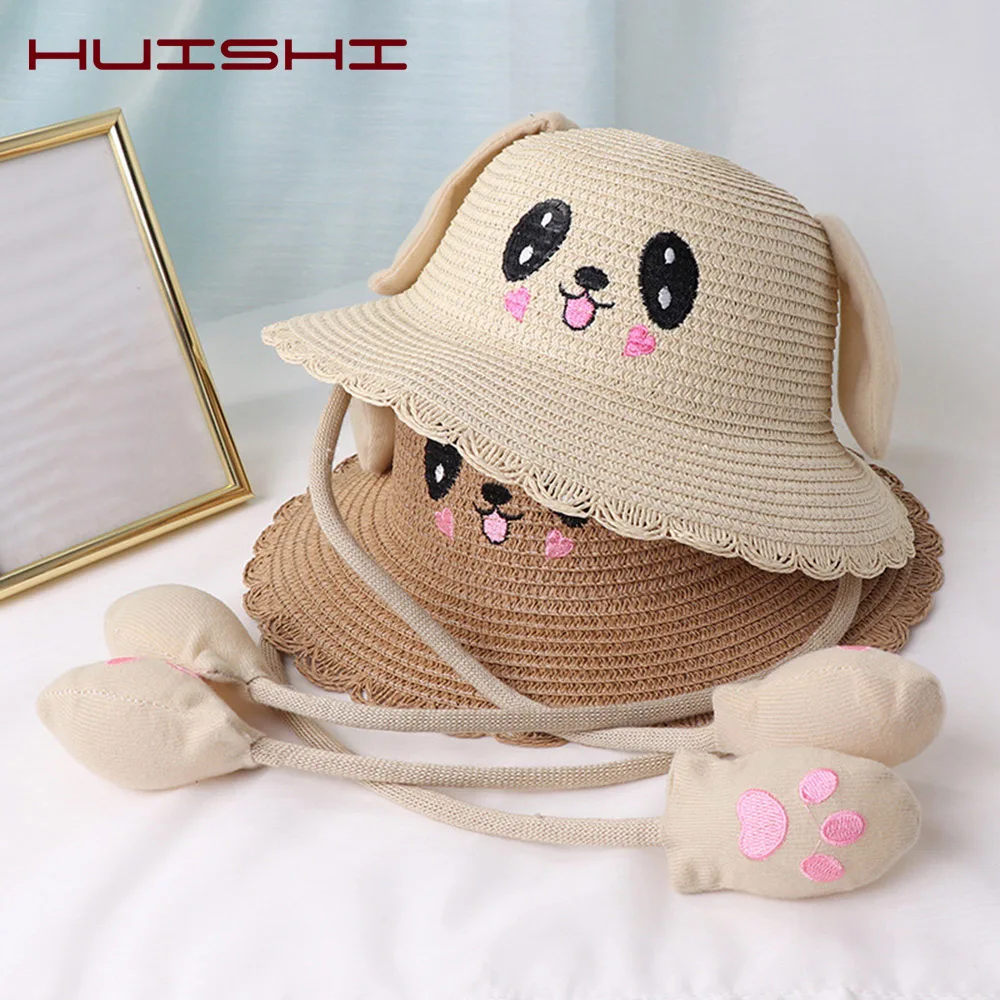 HUISHI Summer Hat For Baby Girl Straw Cute Cartoon Dance Airbag Ears Rabbit Hat For Kids Boy Girls Beach Panama Cap Foldable