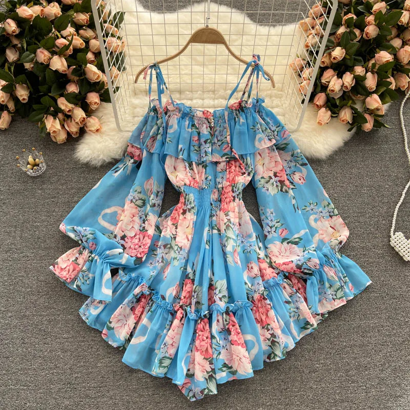 Sexy Slash Neck Spaghetti Strap Mini Chiffon Dress Women Summer Vacation Beach Flare Long Sleeve Ruffle Blue/Green Vestidos New