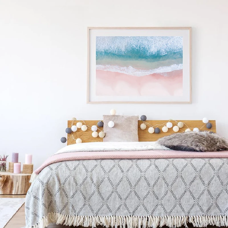 Beach Aerial Photography Print Nordic Poster Home Decor Blush Pink & Blue Ocean Wave Wall Art Picture Canvas Painting Decoration