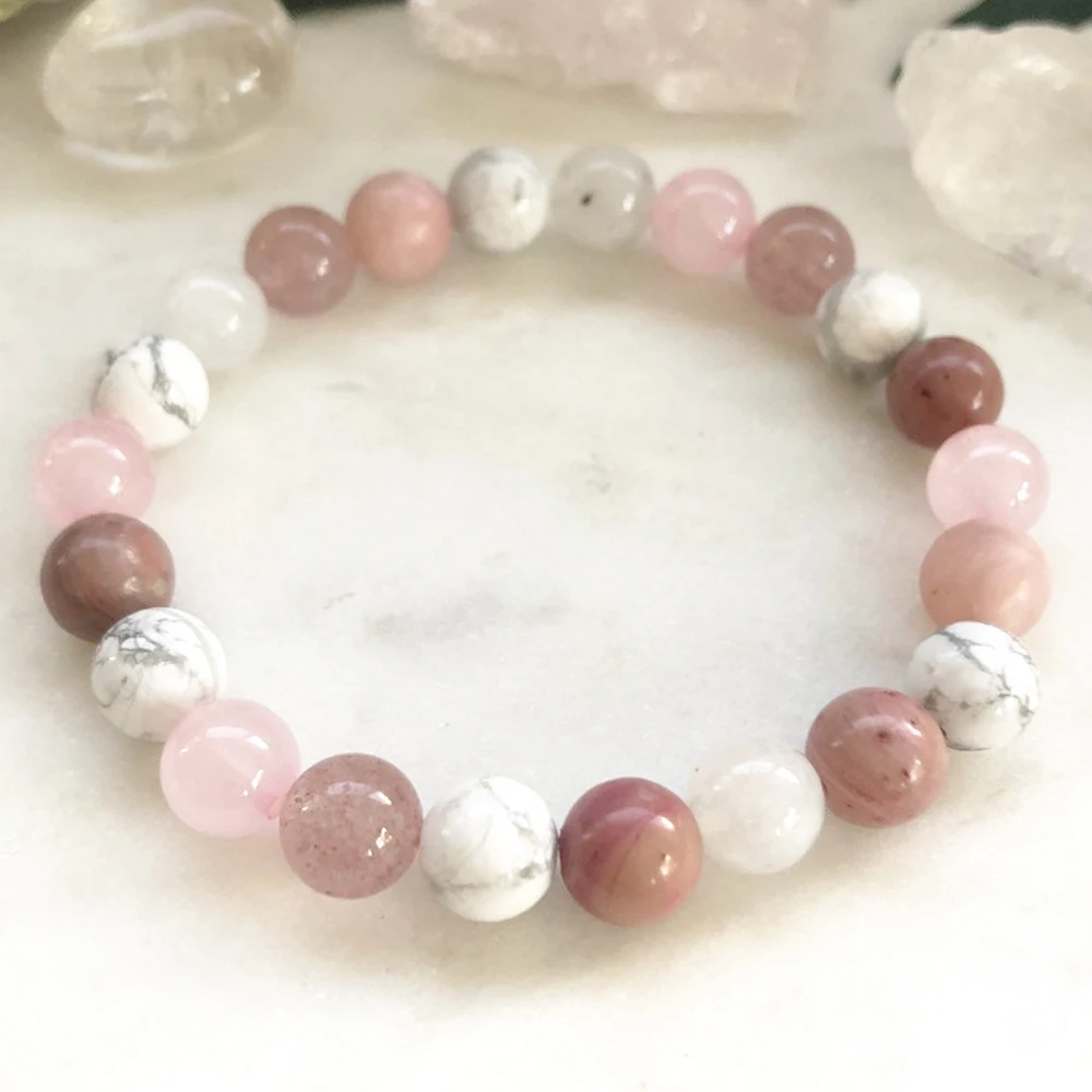 Ruberthen New Design Women`s Strawberry Crystal Bracelet Moonstone Howlite Rose Quzr z MIxed Stone Bracelet