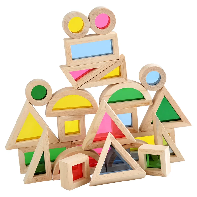 Kid Montessori Wooden Toy Rainbow Stacking Acrylic Block Colorful Learn Educational Construction Building Toys Set For Ages 2+