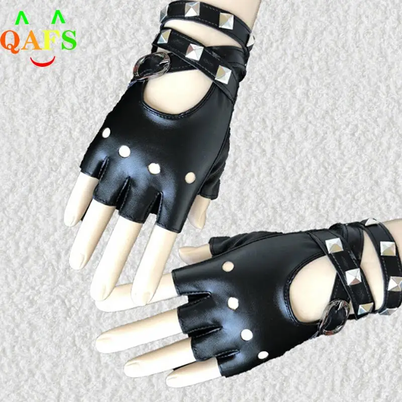 1 Pair Women Punk Short Synthetic Leather Gloves Half Finger Fingerless Gloves Fashion Lady Handsome Black Gloves