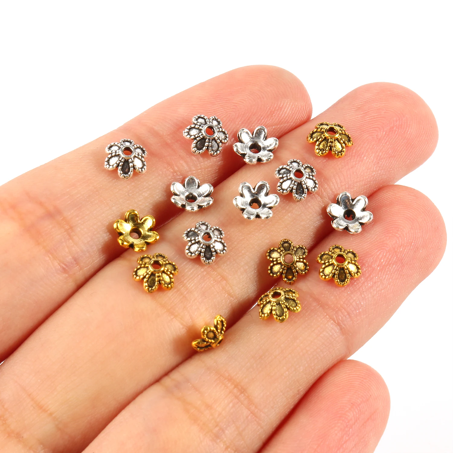 Antike Gold- und Tibet-Silberfarbene Perlenkappen, Endkappen, Blumenperlen, Handarbeiten für Schmuckherstellung, Zubehör für DIY-Projekte – Detail 3