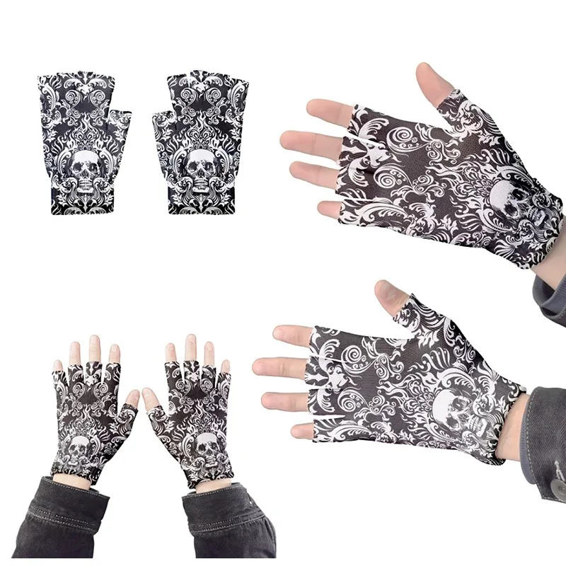 New Adult Halloween Skeleton Skull Half Finger Gloves Stretch Knitted Winter Fingerless Gloves Autumn Garden Gloves Guantes