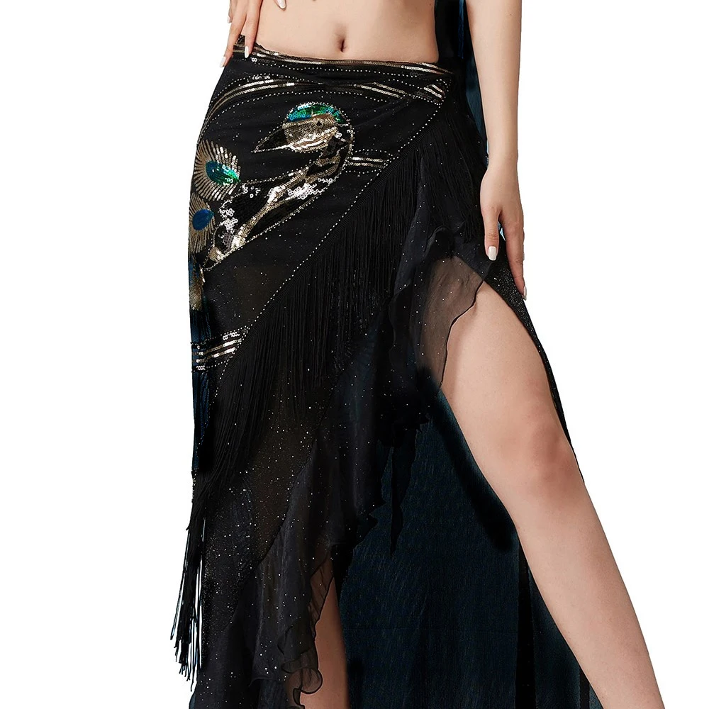 Women Belly Dance Clothes Black Mesh Base Long Fringes Sequins Belt Tribal Hip Scarf Peafowl Design Wrap Skirt