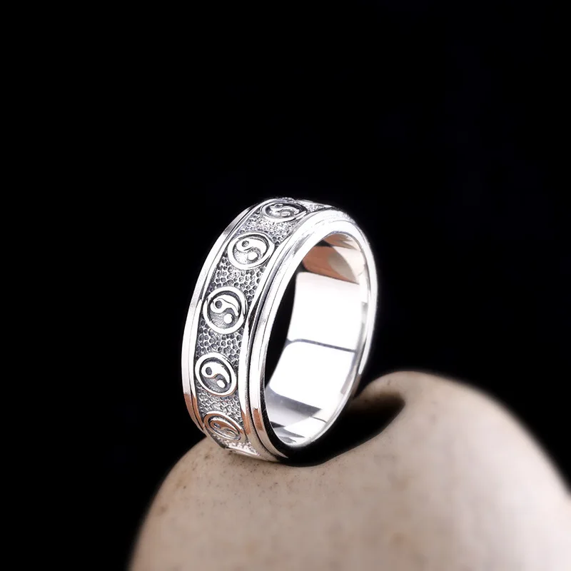 Uglyless Spinning Double Layers Thick Rings for Men Religious Eight Trigrams Rotating Finger Ring Real 925 Silver Jewelry R1058