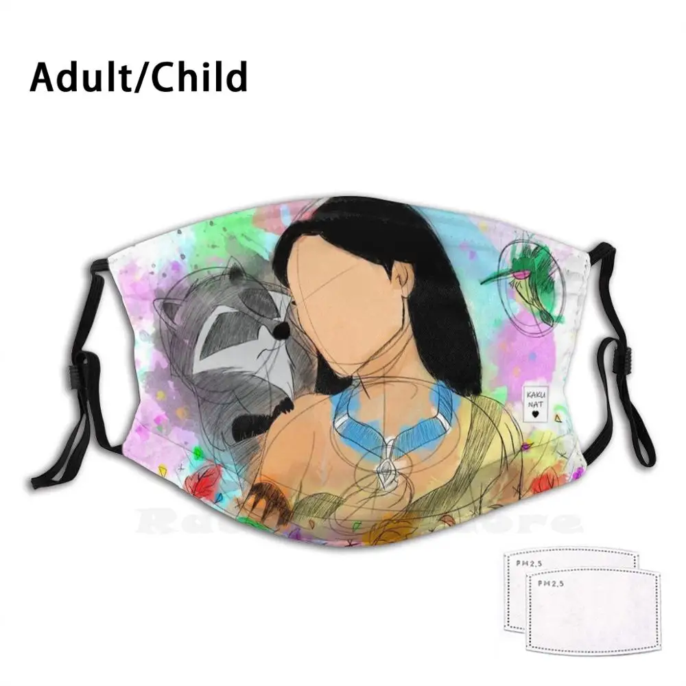 

India Funny Print Reusable Pm2.3156 Filter Face Mask India Princess Childhood Movie He Drew Watercolor Kakunat Pocahontas Meeko