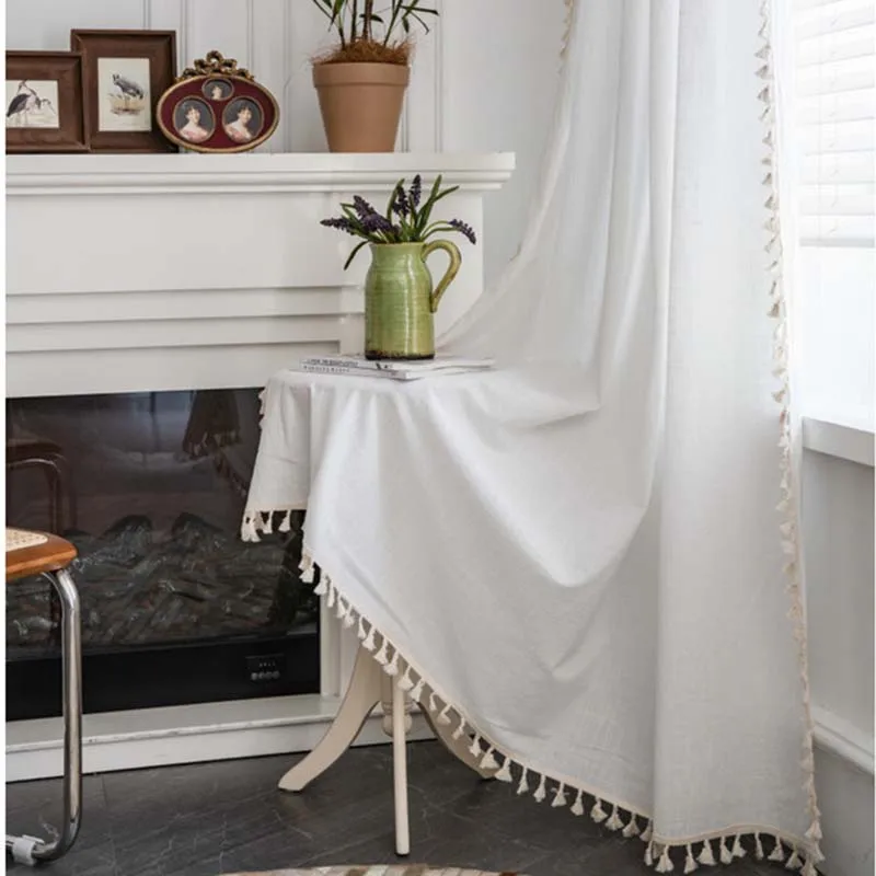 

Linen Look White Curtain Rod Pocket with Tassels Voile, Semi Sheer Drapes, Privacy Protection for Living Room, Bedroom Decor