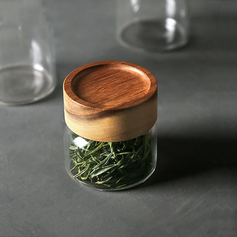 Clear Glass Storage Canister with Lid, Airtight Jar with Wooden Cover, Serving Tea Coffee Spice, Modern Decorative Small Bottle