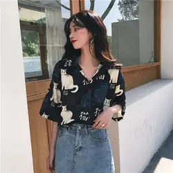 Blusa de verano para mujer, camisetas de manga corta con estampado de gato negro, tendencia informal, estilo exótico japonés, Top blanco de manga larga para mujer