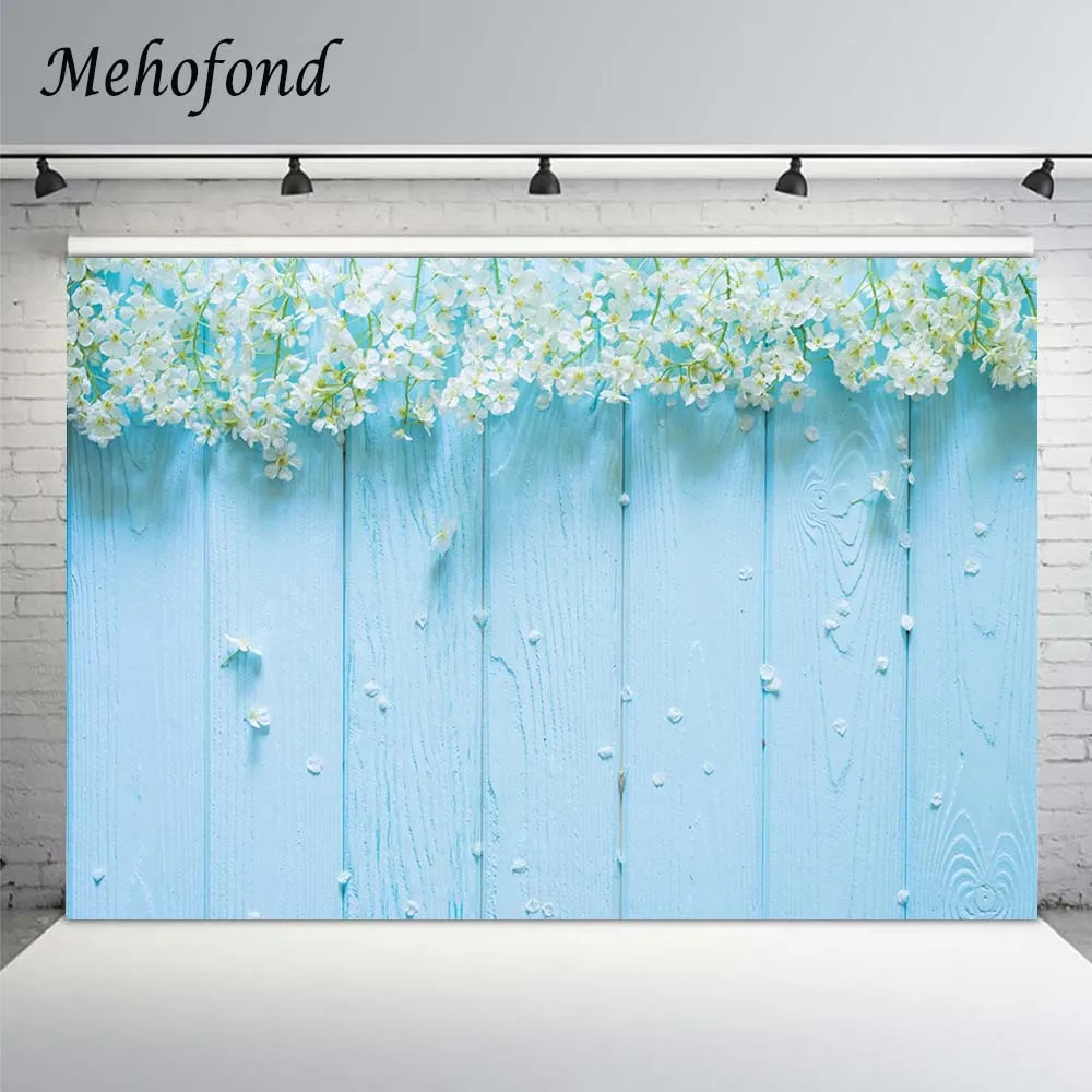 

Mehofond Vinyl Photography Background Blue Wooden Board Spring White Flowers Wedding Pet Cake Portrait Backdrops Photo Studio