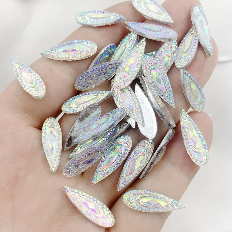 120Pcs 6*20Mm Glitter Resin AB Pipih Rhinestone Kristal Applique Tetesan Air Panjang Mewah Strass Non Dijahit batu Gaun Kerajinan