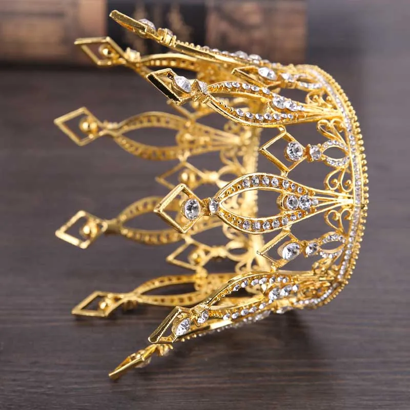 Baroque Golden Crown King Queen Circle Crystal Hair Ornaments Birthday Wedding Jewelry Hair Accessories Tiara Party ML