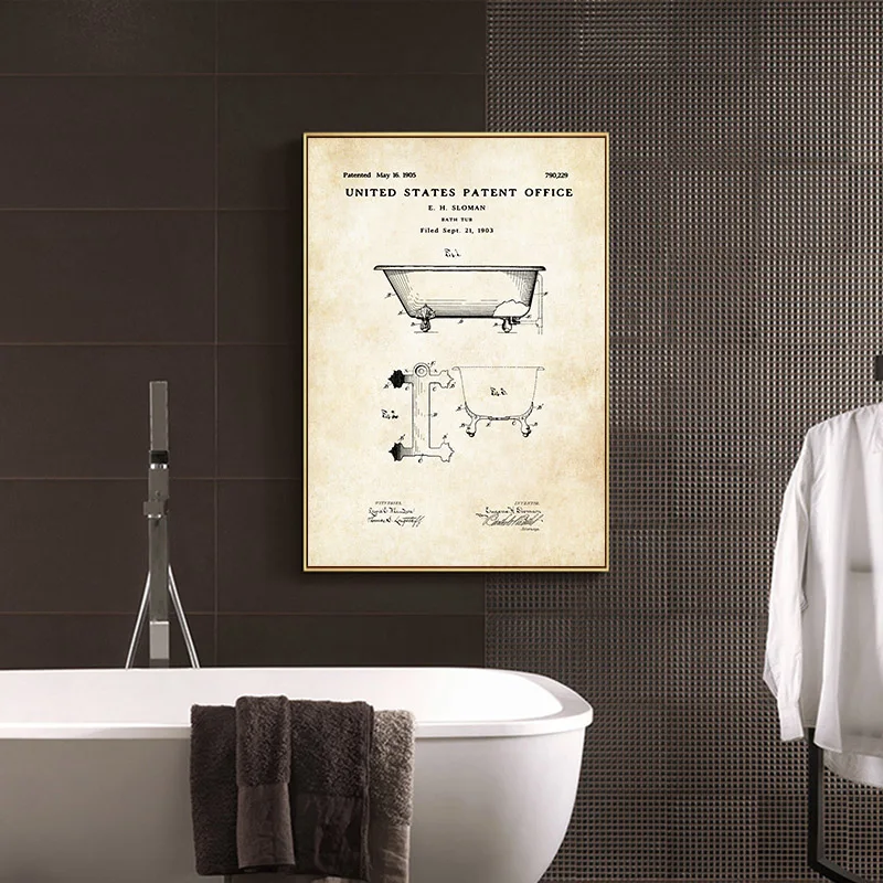 النمط الصناعي معجون الأسنان ورق التواليت براءات الاختراع المشارك Vintage قماش طباعة جدار لوحة فنية ديكور الحمام الحديث