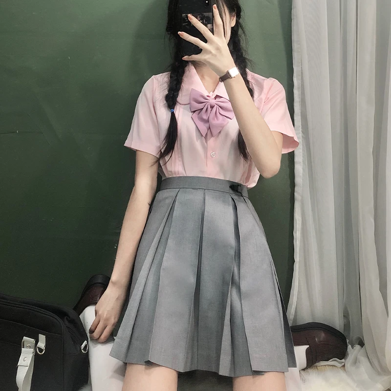 Women's Pink Short-Sleeve Shirt And Box Pleated Skirt Set JK Uniform Sailor Suit Summer Basic Liberal Arts School Outfit
