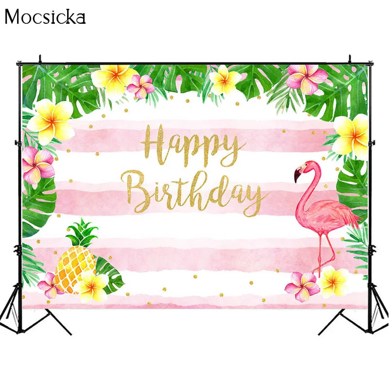 Summer Flamingo Backdrops Tropical Flowers Leaves Pineapple Party Background Pink Stripes Baby Birthday Decor Props Photo Studio