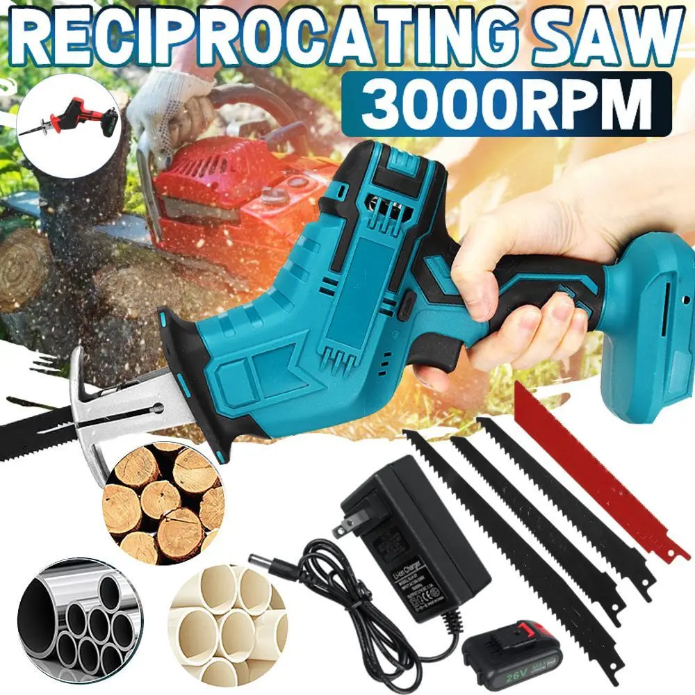 Blmiatko 26v reciprocating saw com bateria de lítio 4 lâmina de serra de corte de metal de madeira serra elétrica ferramentas elétricas recarregáveis