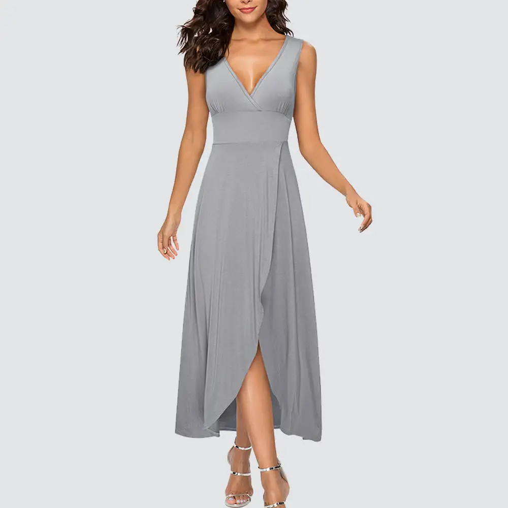 

Women Summer Fashion Pure Color with Plunging V Neck Wrap Dresses Casual Long Maxi Flare Dress HA281