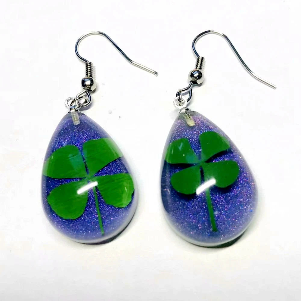 Creative Real Four Leaf Clover Purple Earrings For Women Jewelry Fashion Natural Dried Dangle Drop Earrings