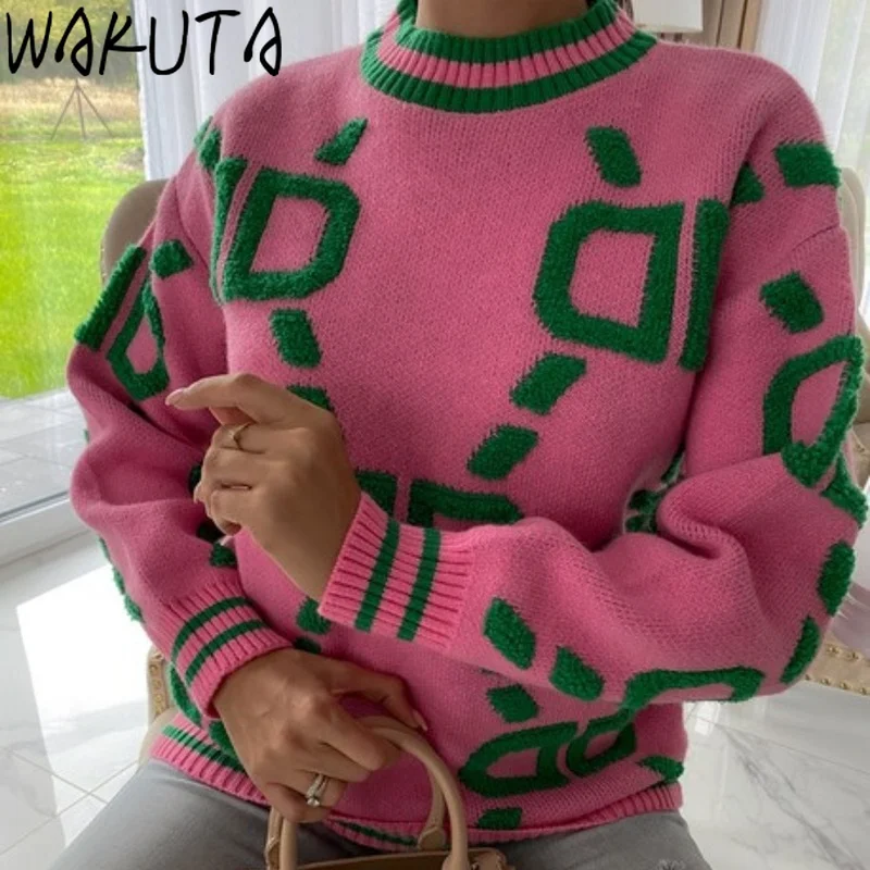 WAKUTA Knitted Print Women's Loose Sweater Pullovers 2024 Ins Winter New Long Sleeve O-neck Knitwear Ladies Casual Lady Jumper