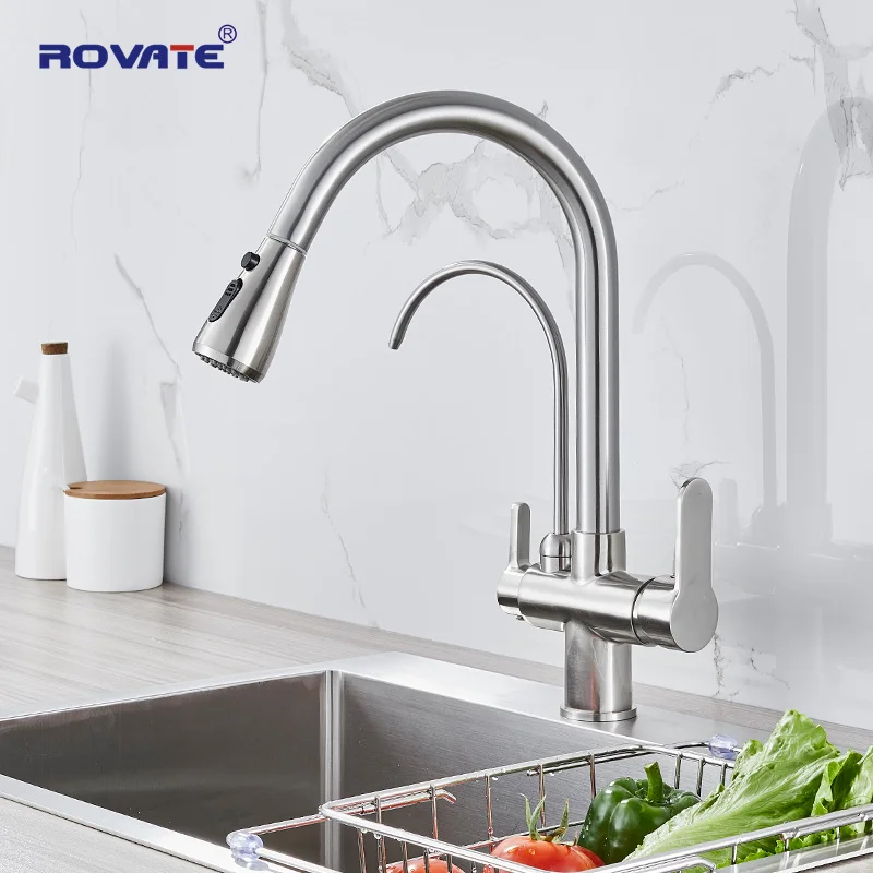 ROVATE Filter Kitchen Faucet Pull Down with Drinking Water Tap, High Arc Water Filter Purifier 3-Way Sink Tap Mixer