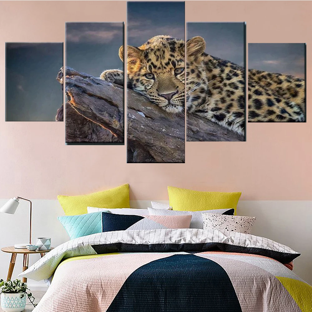 5 Pieces Wall Art Canvas Painting Animal Poster Leopard On Tummy Modern Living Room Home decoration Modular Framework Picture