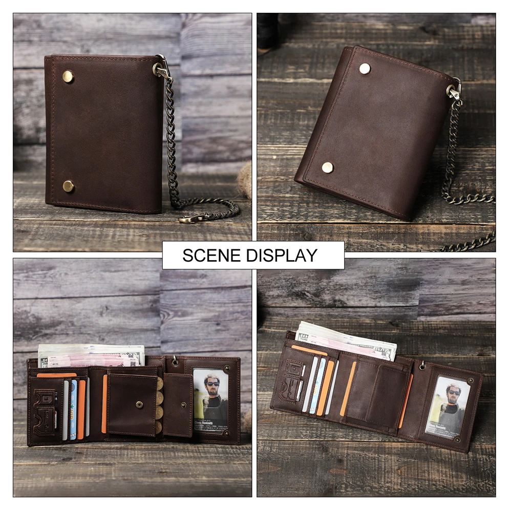 Men Wallets Genuine Leather Short Card Holder Chain Men Purse PORTFOLIO High Quality Brand Male wallet Name Customized