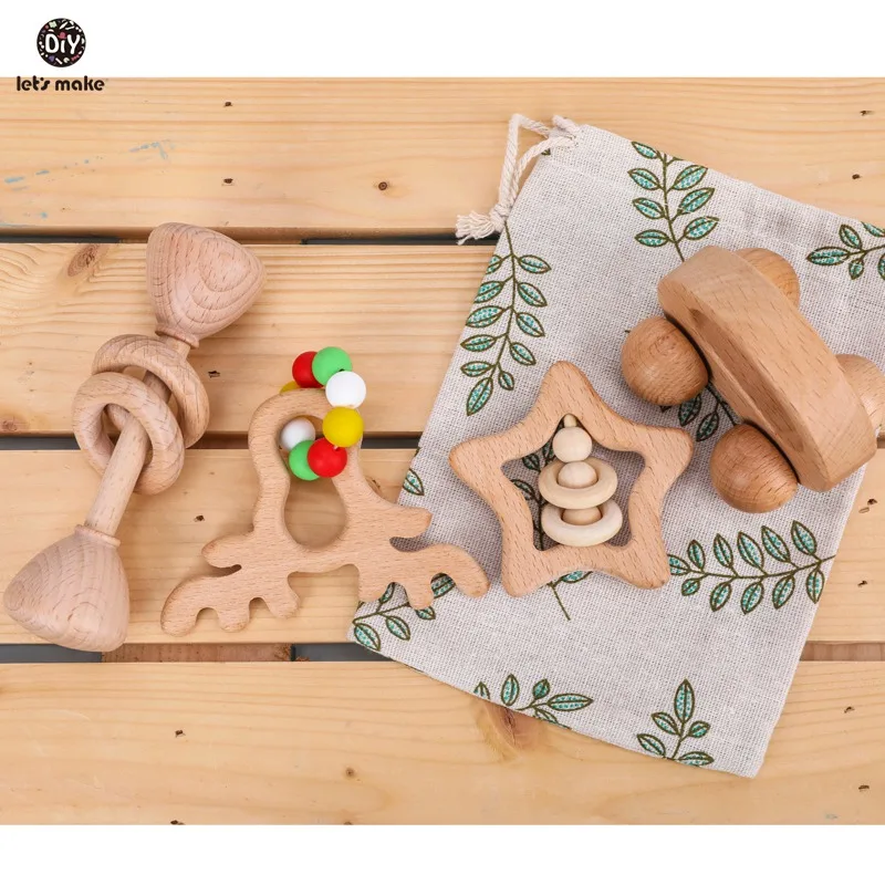 Letmake s fazer 4 pc/set chocalho do bebê conjunto de dentição mão faia de madeira animal elk estrela presente de natal chocalhos de madeira brinquedos educativos do bebê