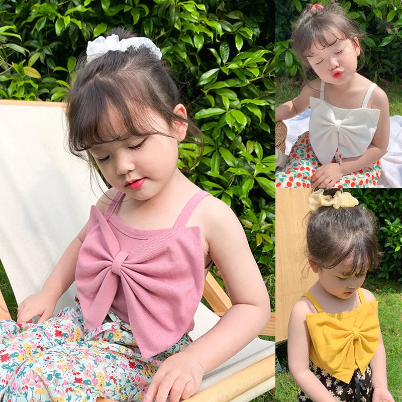 High Grade New Summer Children Bow Sling T-shirt Sleeveless Clothing  With Big Bow Cotton Princess Birthday Evening Party Shirt