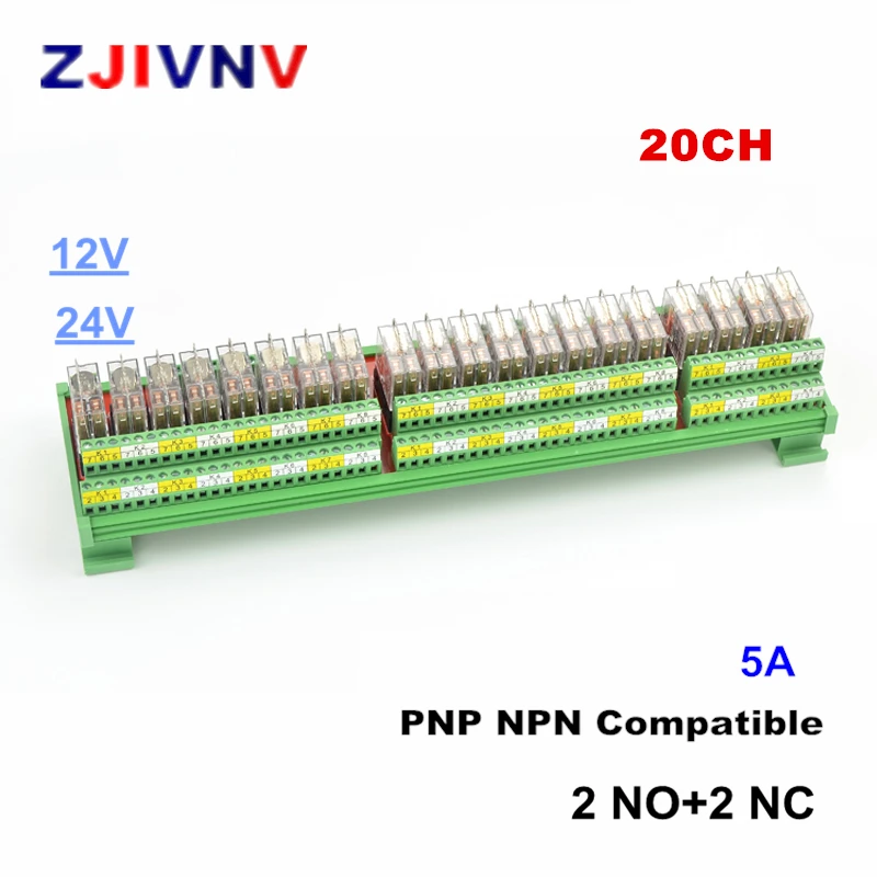 

20-Channel 2NO+2NC Rail Mount Interface Relay Module Compatible With G2R-2 5A Input DC 12V 24V PNP NPN