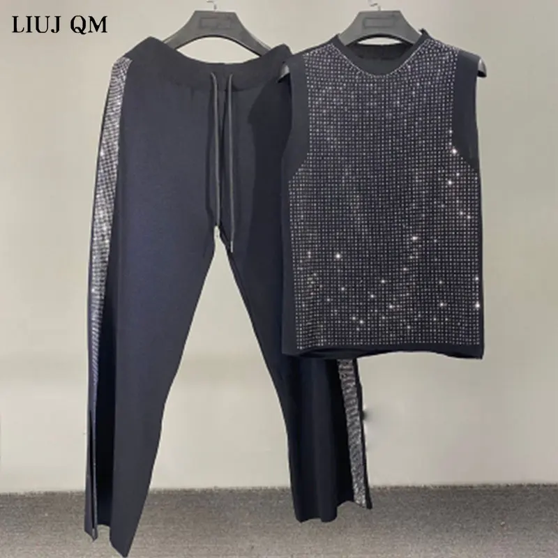 2024 Summer New Korean Fashion Heavy Industry Hot Drilling Vest Knitted Top+Casual Wide Leg Pants Two Piece Set Tracksuit Women