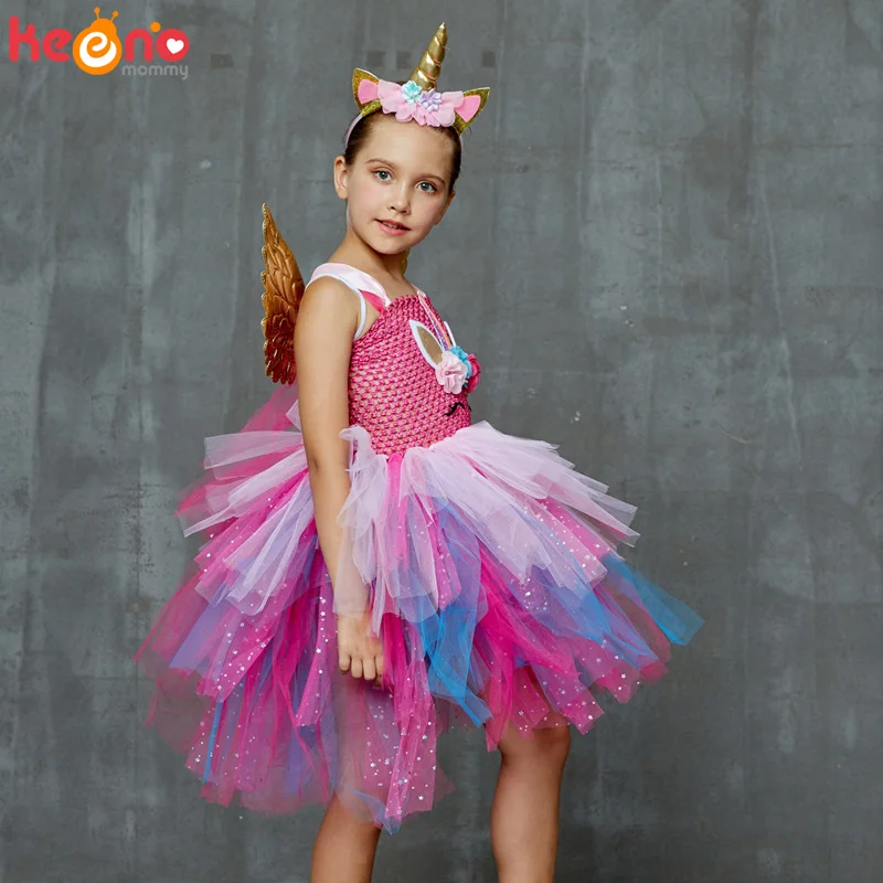 Glittery Unicorn Princess Pageant Flower Girl Tutu Dress Kids Party Costume with Headband and Wings Halloween Cosplay Girl Dress