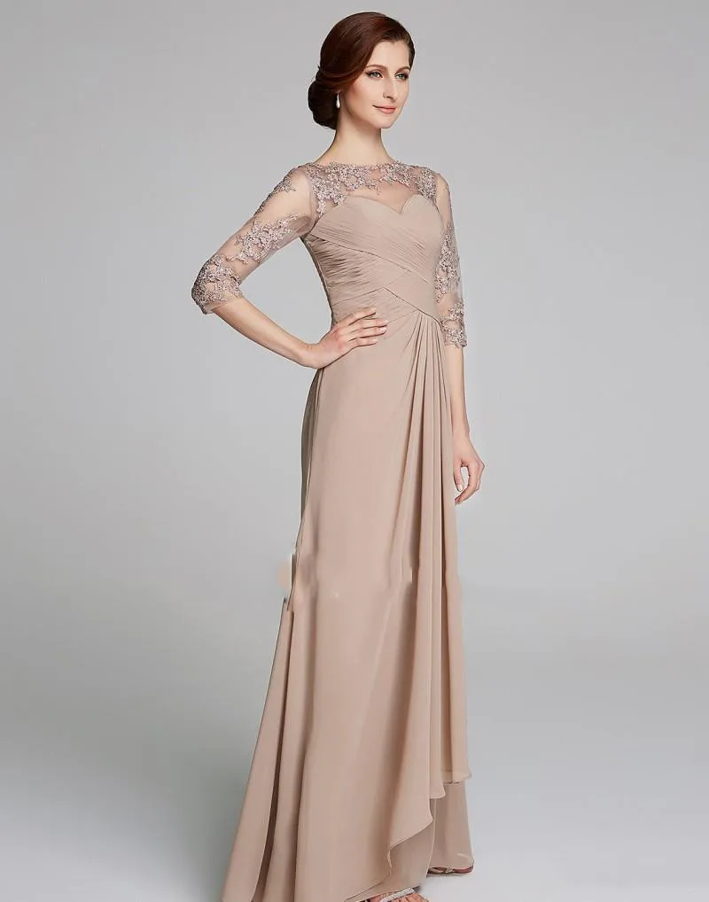 Modest Champagne Mutter der Braut Kleider Plus Größe Geraffte Spitze Applique EINE Linie Chiffon Hochzeit Gäste Kleid Mütter Formale