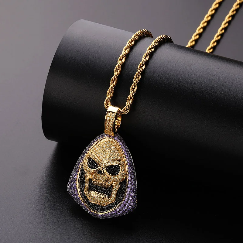 Purple Black White 3 Colors CZ Stone Paved Bling Ice Out Skull Mask Pendants Necklace for Men Hip Hop Rapper Jewelry Gold Color