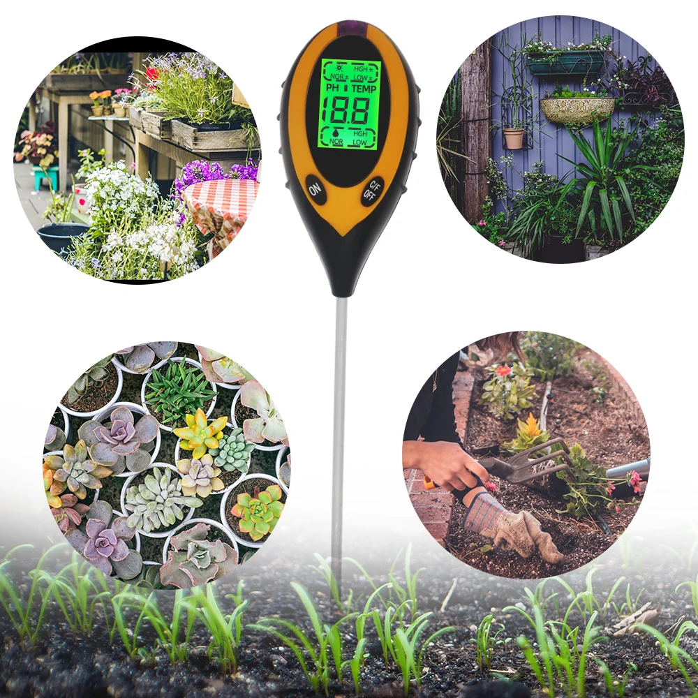 Professional Soil PH Meter 4 In 1 LCD Display Temperature Solar Moisture PH Garden Sunlight Tester for Gardening with Backlight