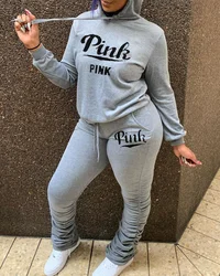 2024 Street 2-teiliges Set Rosa Buchstabe Hoody Sweatshirt Top + gestapelte Jogginghose Anzüge Casual Sport Outfits Frühling Trainingsanzug Anzüge