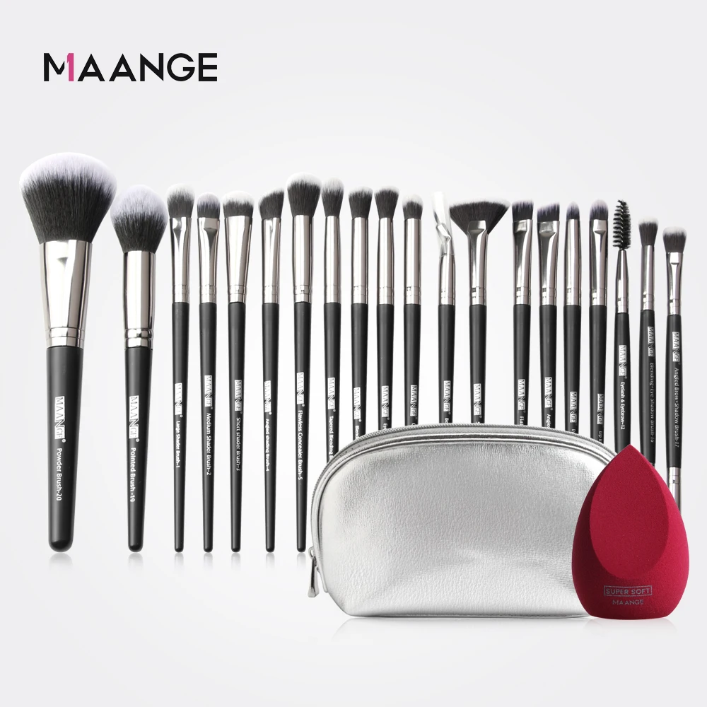 MAANGE Pro 12/18/20 PCS Makeup Brushes Set with Bag +1Pcs Sponge Beauty Powder Foundation Eyeshadow Make Up Brush Synthetic Wool