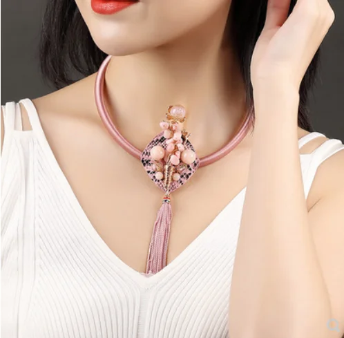 

Ethnic style necklace pink thick rope collar tassel pendant retro necklace ornament