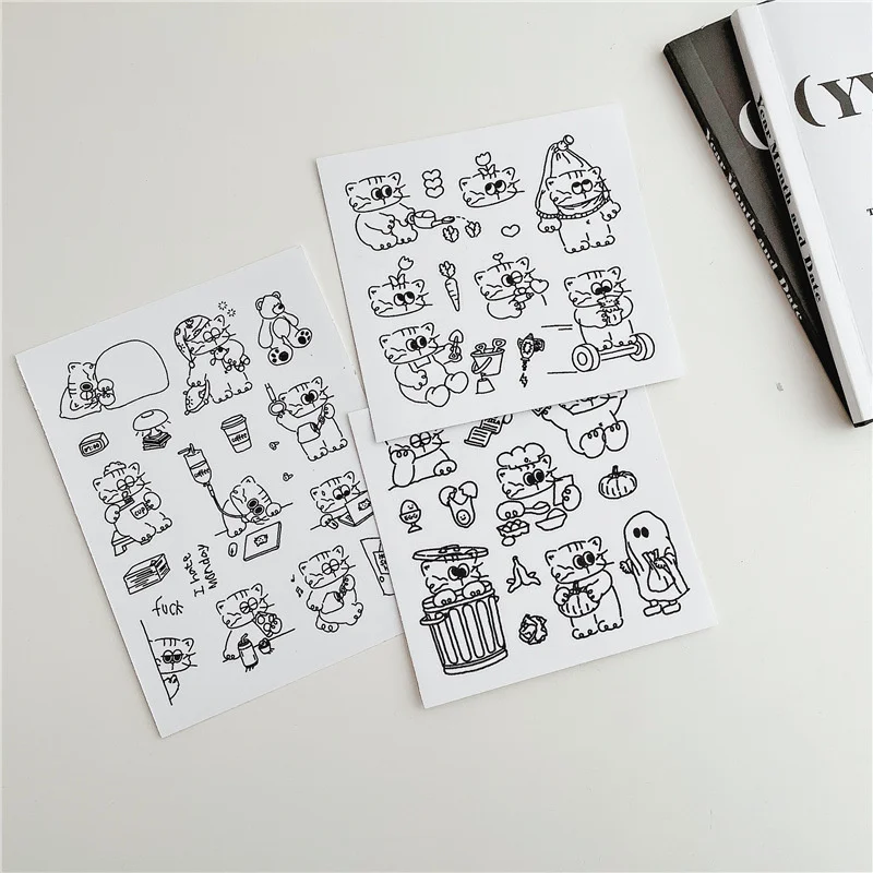 Cartoon Cat Daily Life Cute Stickers Korean Ins Creative Brief Strokes Funny Stationery Kawaii Traceless Diy Decorative Sticker