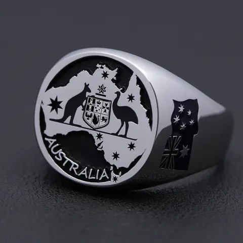 Vintage Australia Flag Aussie Pride AUS Crest coat of arms Kangaroo Sterling Silver Ring