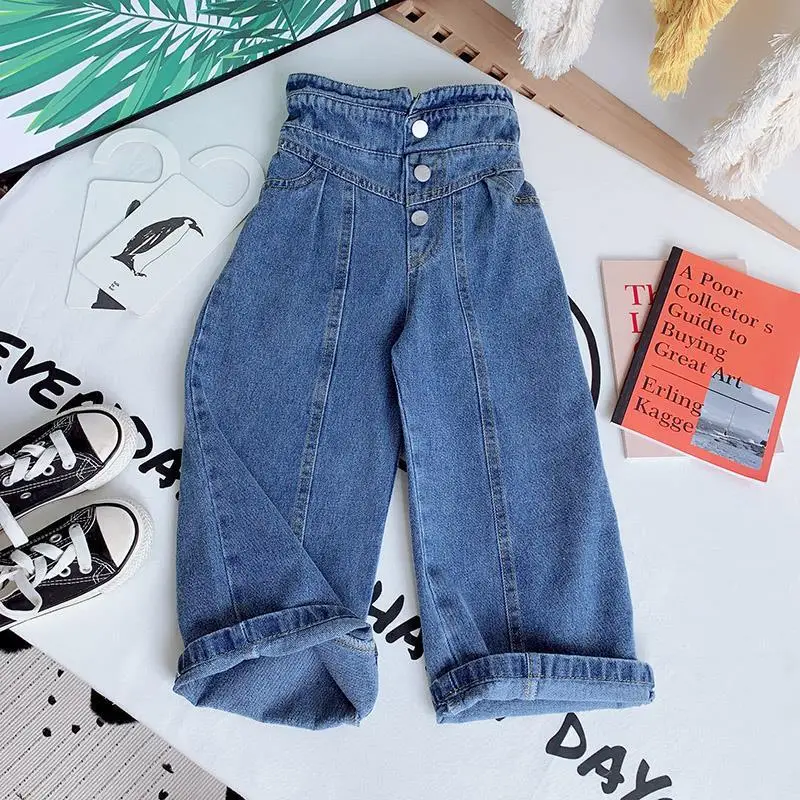 Girls Wide-Leg Pants Autumn Baby Fashion European American Straight-Leg Pants High-Waist Jeans Trousers Children's Clothing 2-13